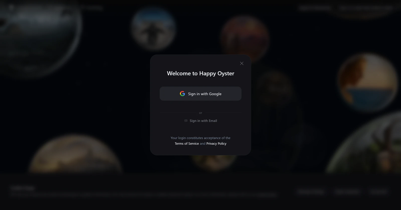 HappyOysterのサインイン画面。Sign in with GoogleとSign in with Emailのボタン、利用規約とプライバシーポリシーのリンクが表示されている